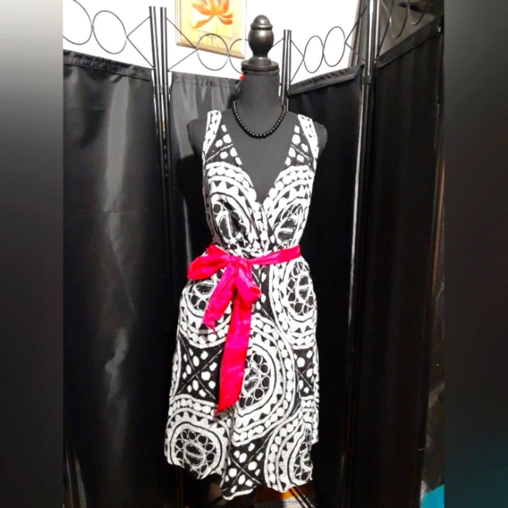 Anthropologie We Love Vera Elegant Black and White Dress with Pink Accent Size 6